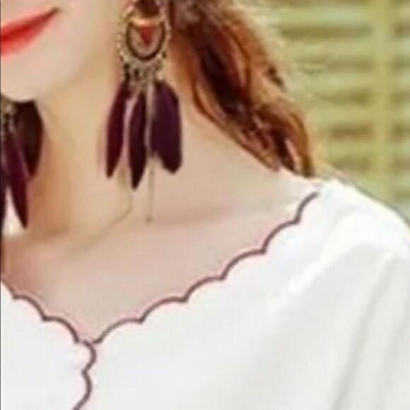 MWT WineRed bohemian feather drop earrings with dangle rope fringe tassel - Picture 3 of 6